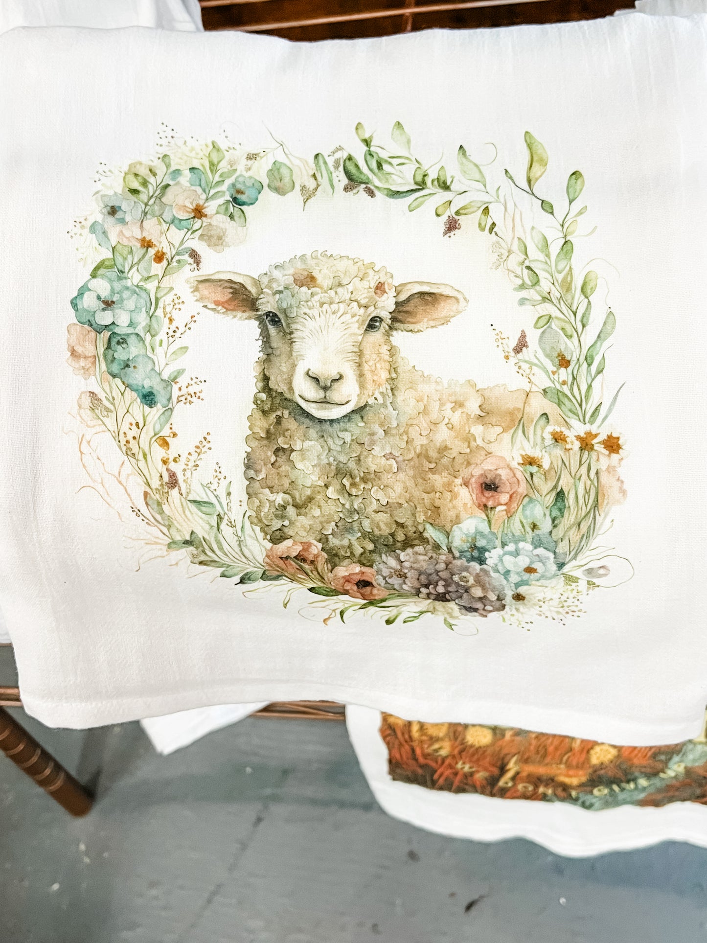 Lamb in wildflower wreath Kitchen Towel