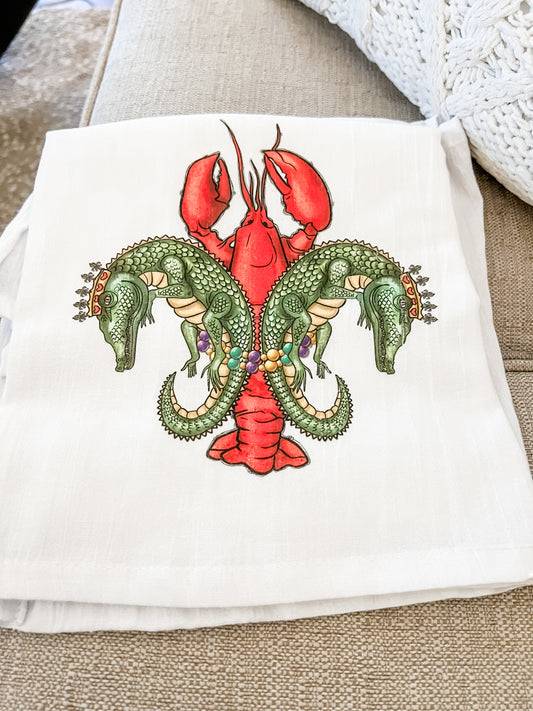 Crawfish and Gator Mardi Gras Kitchen Towel